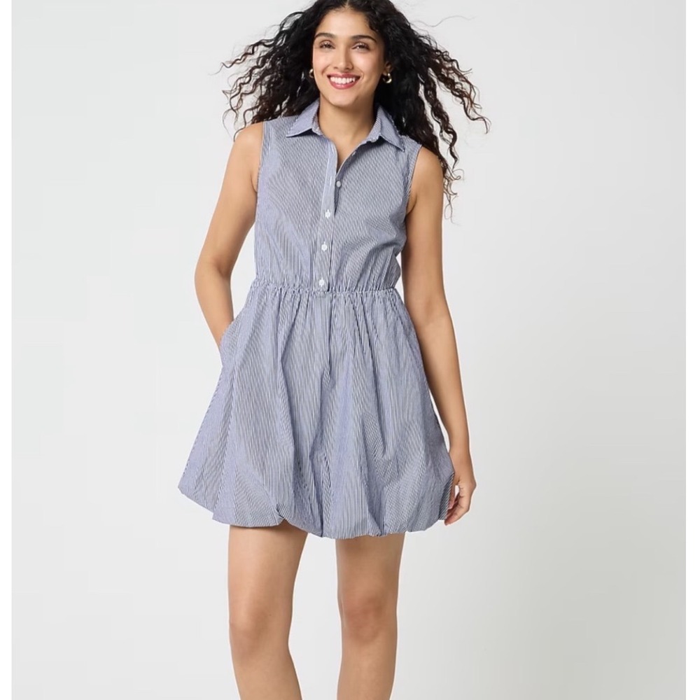 J. Crew Striped Bubble Hem Mini Shirt Dress Blue White 4